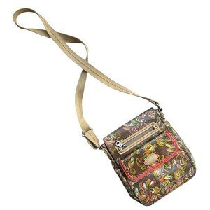 Sakroots Small Flap Crossbody Messenger Bag Coated Canvas Brown Bird Print Boho
